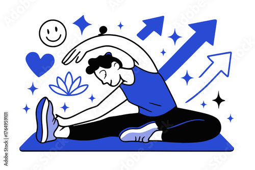 Dynamic Exercise Inspiration. Workout motivation. Person stretching on yoga mat with abstract floating arrows, icons, and sparkles; emphasizes flexibility,