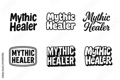 Mythic Healer Emblems. Mythic Healer. Set lettering. harmonious lettering variations of the same emblematic concept (Grunge textured brush lettering, Rounded