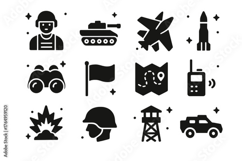Combat Icons Grid. Combat Scenario. Solid icons set of Combat Scenario: soldier, tank, jet, missile, binoculars, flag, map, radio, armored vehicle, explosion,