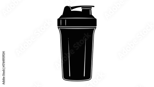 Sleek Protein Shaker: A minimalistic rendering of a black protein shaker bottle, designed for fitness enthusiasts and health-conscious individuals, showcasing its clean lines and ergonomic form.