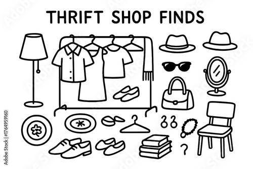 Thrift Shop Treasures. Thrift shop finds. Hand-drawn doodle illustration thrift shop finds clothes rack, shoes, hat, lamp, plate, bag, sunglasses, vinyl,