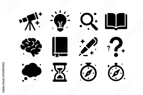 Philosophical Icons. Philosophical Journey. Solid icons set of Philosophical Journey: telescope, stars, light bulb, magnifying glass, book, brain, notebook,