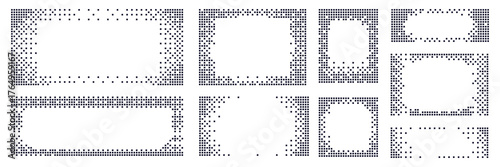 Set of pixel transform effect with halftone dot pattern. Black mosaic frames with square shapes, abstract disintegration.