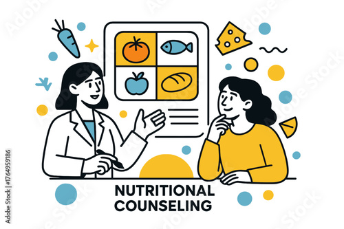 Nutritional Counseling Art. Nutritional Counseling. Dietitian explaining a balanced meal plan to a client with floating abstract food icons and geometric