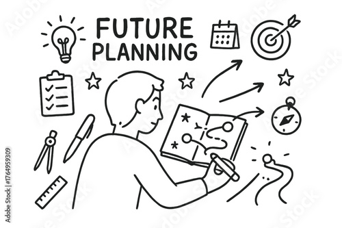 Future Planning Doodle. Future Planning. Hand-drawn doodle illustration Future Planning person sketching roadmap, notebook, pencil, pen, arrows, target,