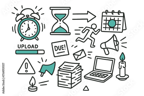 Deadline Doodle Chaos. // Deadline crunch. Hand-drawn doodle illustration Deadline crunch [alarm clock (accented), hourglass (accented), calendar with red