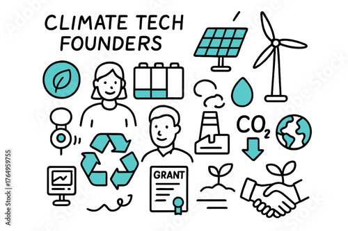 Climate Tech Founders Icons. // Climate tech founders. Hand-drawn doodle illustration Climate tech founders [leaf badge (accented), solar panel (accented),