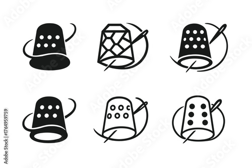 Hand Stitching Logos. Hand stitching. Set Logo of Hand stitching: thimble and curved needle motion. harmonious logo variations of the same emblematic concept,