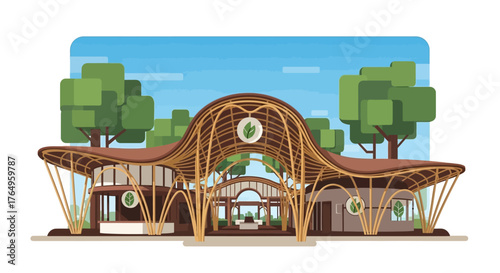 A clean flat design illustration showcasing an innovative, sustainably built bamboo structure at Wonderfruit Festival, surrounded by nature. 