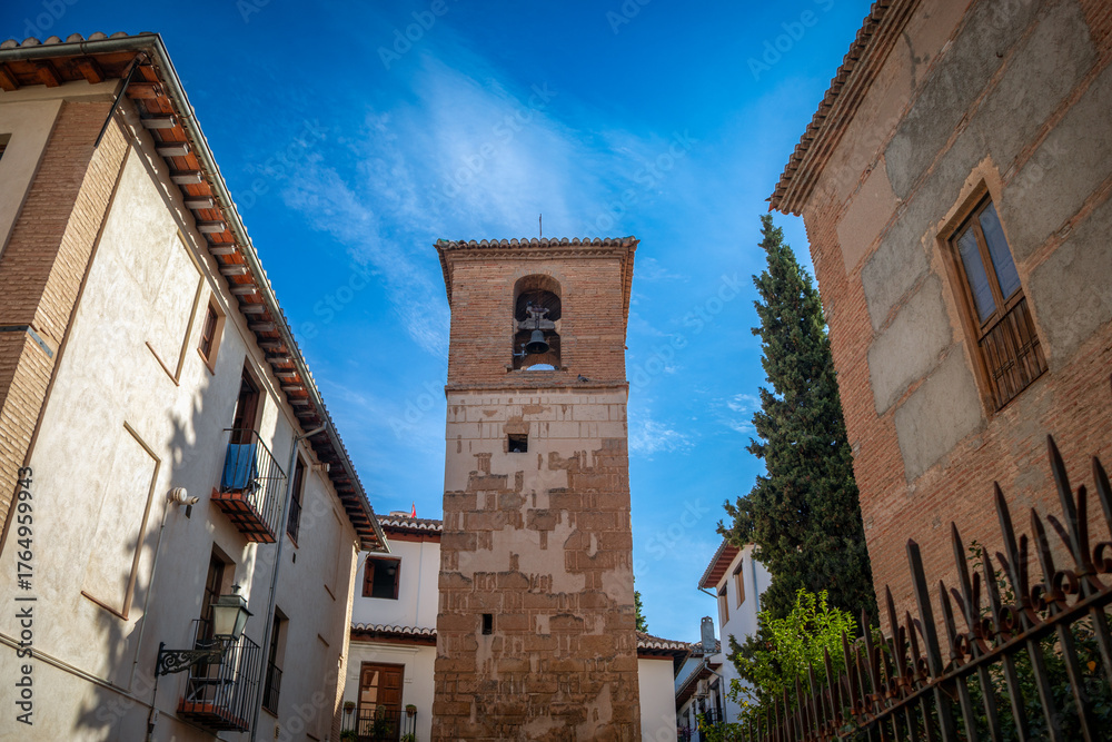 Fototapeta premium Zirí Minaret of San José, in the Albaicín of Granada, Andalusia, Spain