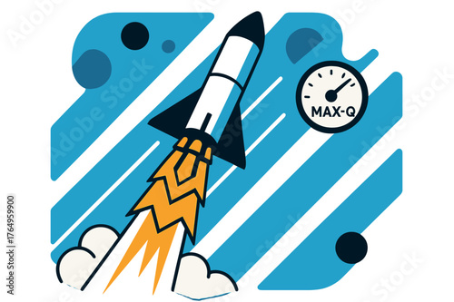 Rocket-Powered Ascent. Rocket-Powered Ascent. Flames stylize into bold chevrons as the craft spears skyward; ?Max-Q? pings on a floating gauge. Contrail