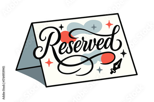 Calligraphy Reserve Card. Calligraphy Place Card. Swirling strokes spell ?Reserved? across a folded card, ink lines flicking like comet tails. A tiny pen nib