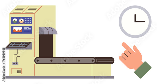 Conveyor belt system with control panel, data visuals, pointing hand, and clock emphasizing time management. Ideal for industry, automation, production, scheduling, workflow manufacturing simple