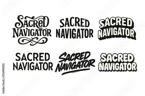 Sacred Navigator Lettering Styles. Sacred Navigator. Set lettering. harmonious lettering variations of the same emblematic concept (Whimsical curly type with