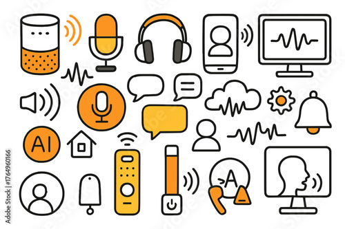 Smart Tech Doodles. Hands-free technology. Hand-drawn doodle illustration smart speaker (colored), microphone (colored), headphones (colored), smartphone