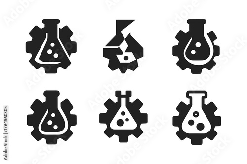 Innovative Logo Variations. R&D and productivity. Set Logo of R&D and productivity: lab flask morphing into gear. harmonious logo variations of the same