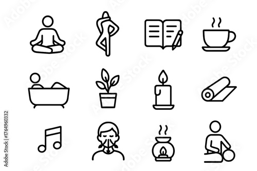Stress Relief Icons. Stress relief activities. Line icon set of stress relief activities: meditation, stretching, journal, tea cup, hot bath, plant, candle,