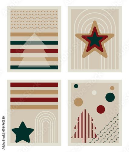 Modern minimalist Christmas wall art set with abstract shapes, stars, snowflakes, mountains, and berries in warm beige, red, and green tones. Perfect for home decor, cards, posters, and prints.
