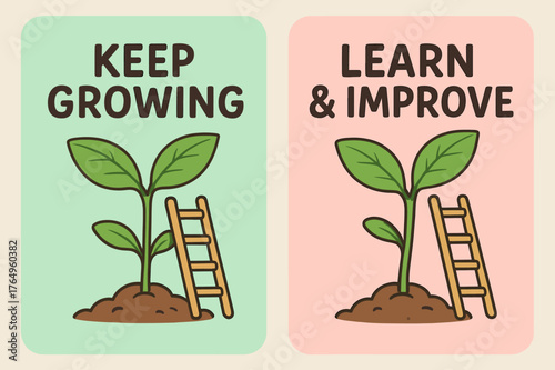 Growth Mindset Banners. Growth Mindset. Two vertical A6 banners with safe margins, centered composition, no elements touching edges, cartoon, pastel mint and