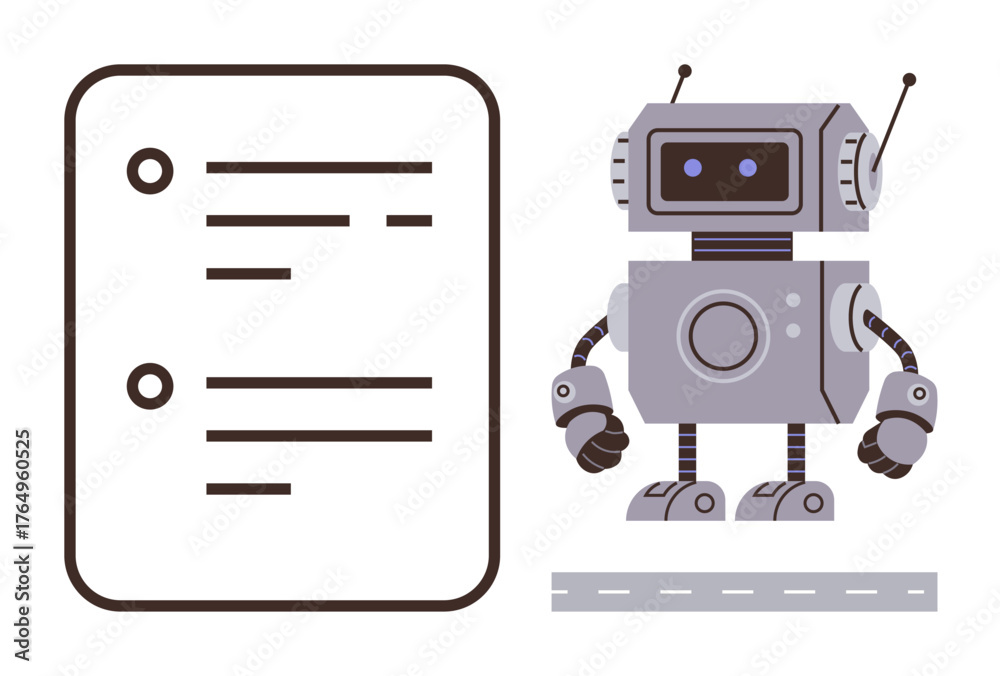 Fototapeta premium Robot standing near a document with text and bullet points, reflecting automation, innovation, and digital technology. Ideal for AI, workflow, robotics, tech development, machine learning task