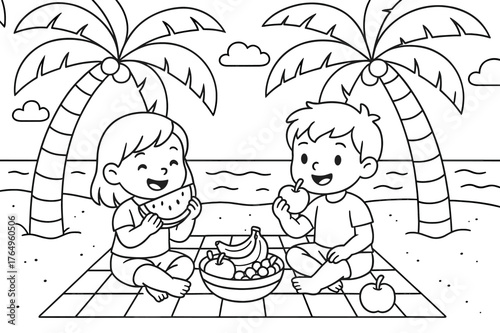 Beach Picnic Coloring. Beach picnic under palm trees children?s coloring book illustration, outlined drawing, kids sitting on a blanket eating fruit under big