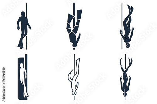 Freediving Logo Variations. Freediving. Set Logo of Freediving: diver along descent line. harmonious logo variations of the same emblematic concept, each with