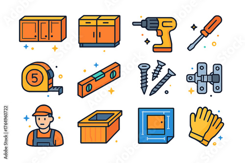 Colorful Cabinet Renovation Icons. Cabinet renovation. Colorful isometric vector icons set of cabinet renovation: upper cabinets, lower cabinets, drill,