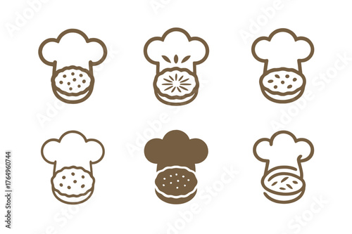 French Cuisine Logos. French cuisine. Set Logo of French cuisine: chef hat with quiche outline. harmonious logo variations of the same emblematic concept, each