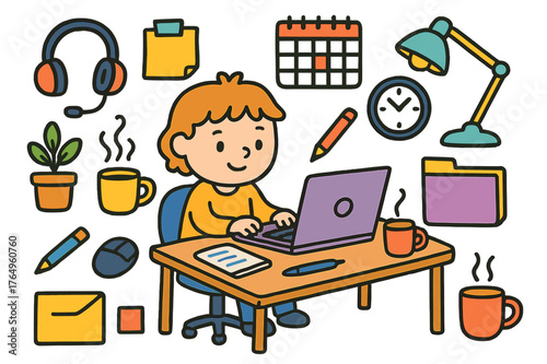Remote Work Doodles. working remotely. Colorful Hand-drawn doodle Children illustration working remotely laptop, desk, chair, coffee cup, notebook, pen, plant,