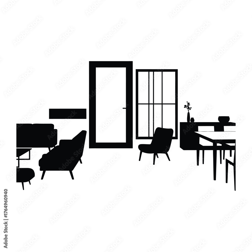 Fototapeta premium Silhouette of Home Interior: A stylish silhouette captures the essence of a modern living space, showcasing minimalist design and a sense of refined simplicity.