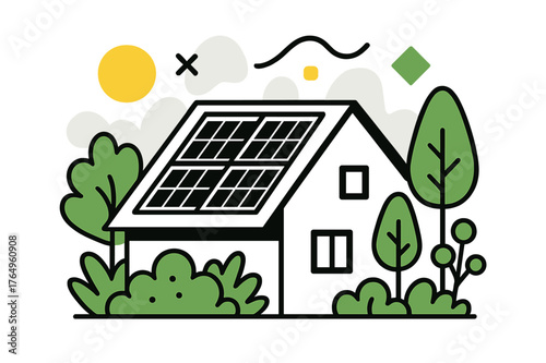 Eco-Friendly Rooftop Design. Solar Panels on Roof. Home rooftop with solar panels and surrounding greenery with floating abstract geometric shapes, modern and