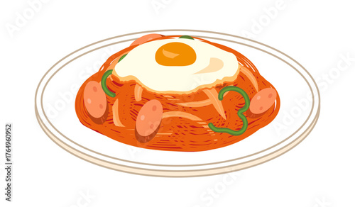 皿に盛った目玉焼きを乗せたナポリタンのイラスト