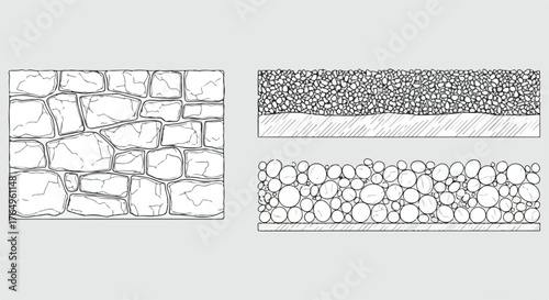 CAD Texture Drawings, stone wall  top and side view patterns, Stone, Gravel, and Pebble Section Pattern Outline Vector for Architectural Material Design