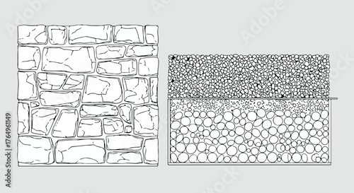 CAD Texture Drawings, stone wall  top and side view patterns, Stone, Gravel, and Pebble Section Pattern Outline Vector for Architectural Material Design