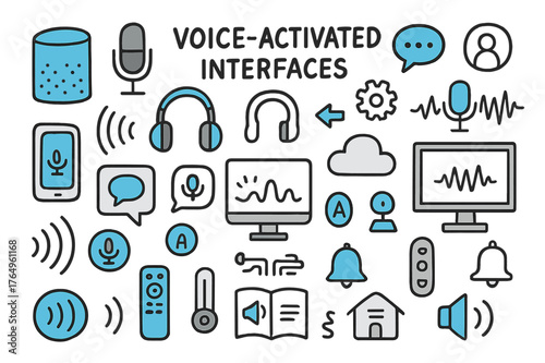Voice-Activated Doodle Tech. Voice-Activated Interfaces. Hand-drawn doodle illustration smart speaker (colored), microphone (colored), headphones (colored),