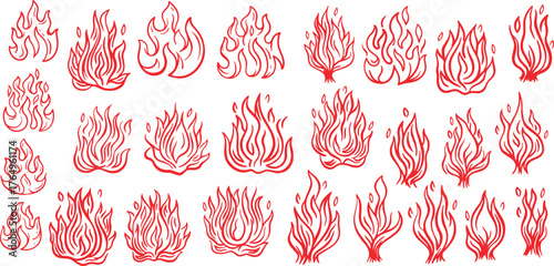 Crayon Drawn Fire Flame Icons – Hand Drawn Doodle Burning Stickers, Graffiti Punk and Rock Style Crayon Flame Vector Set