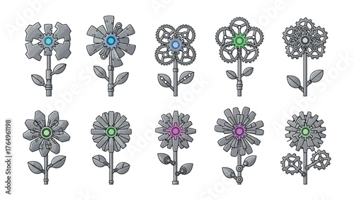 Steampunk Floral Collection: An exquisite assortment of meticulously crafted steampunk flowers, each a unique blend of metallic elements and intricate gear-like designs.