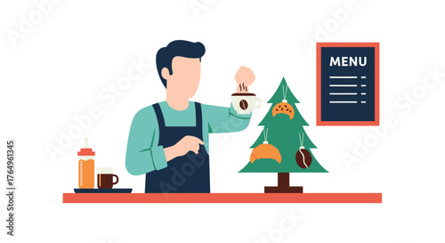 Charming barista crafting festive holiday beverages, surrounded by Christmas tree ornaments and menu board, perfect for seasonal cafe promotions and cheerful winter cafe vibes.