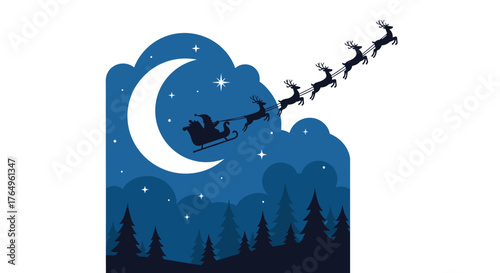 Magical Santa sleigh pulled by reindeer soaring across a crescent moonlit starry night sky over a silhouette of pine trees, evoking wonder and holiday spirit for festive celebrations.