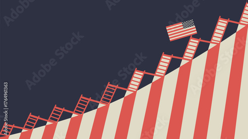 Illustration of ladders climbing red and white stripes with american flag against dark blue background