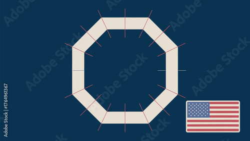 An illustration showing an octagon with lines and the american flag on a blue background