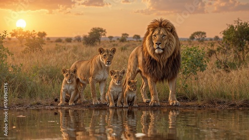 Lion family with three cubs, in savannah landscape with a lake and sunset, ideal for painting