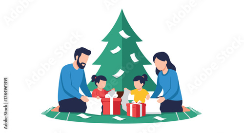 Joyful family opening Christmas presents together near the tree, creating cherished holiday memories with daughters, perfect for seasonal greetings and family-themed designs