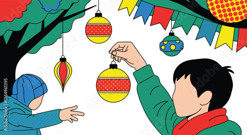 Enchanting holiday scene of children joyfully decorating a tree with vibrant ornaments and colorful bunting, creating a festive and heartwarming Christmas celebration