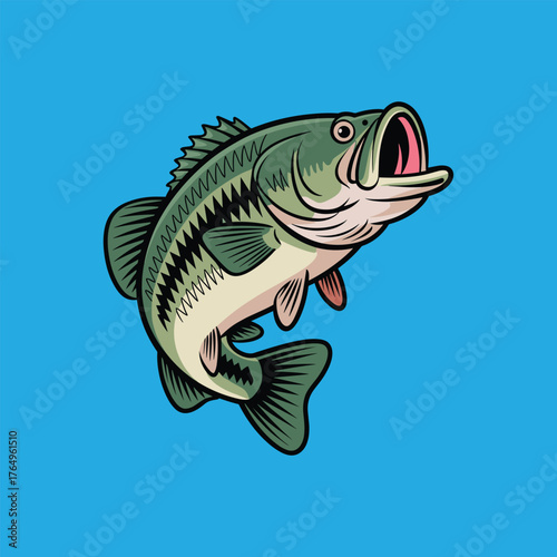 Largemouth bass fish jumping cartoon illustration on blue background
