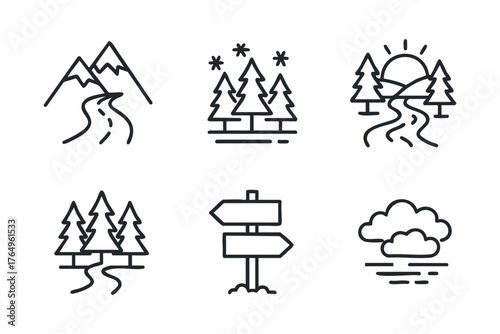 Mountain scene with trees and river for art design. Set of 6 winter vector illustration