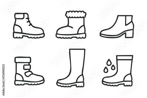 Footwear for all weather and activities. Set of 6 winter vector illustration