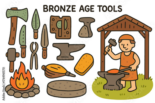 Bronze Age Tools. Bronze Age tools. Colorful Hand-drawn doodle Children illustration Bronze Age tools axe head, knife blade, spear point, hammer, tongs, mold,