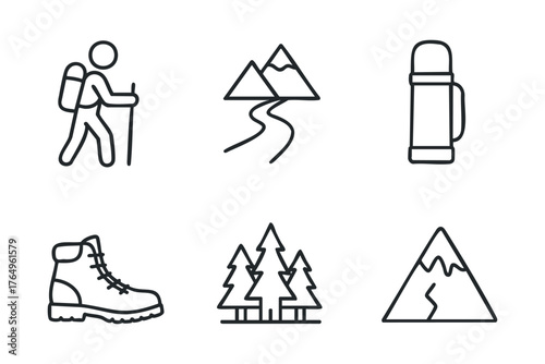 Hiking adventure essentials for nature enthusiasts in mountains. Set of 6 winter vector illustration
