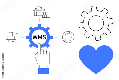 Gear with WMS label surrounded by warehouse, cart, globe, hand, and heart, symbolizing logistics, workflow automation, global operations and efficiency. Ideal for technology shipping automation